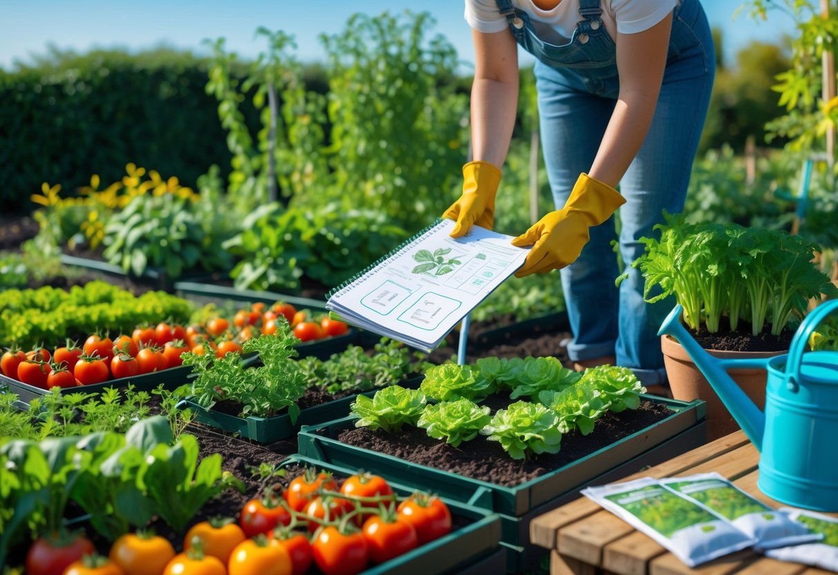 Person planning a vegetable garden outdoors with various vegetables growing in garden beds and gardening tools nearby.