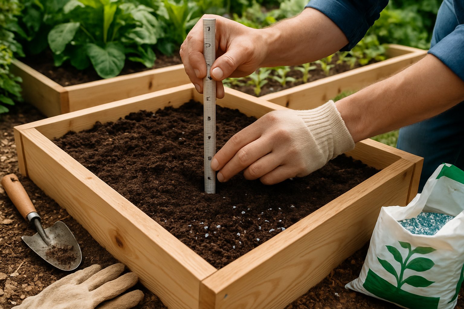 Hands measuring soil depth in a raised garden bed filled with dark soil and fertilizer, surrounded by gardening tools and green plants.