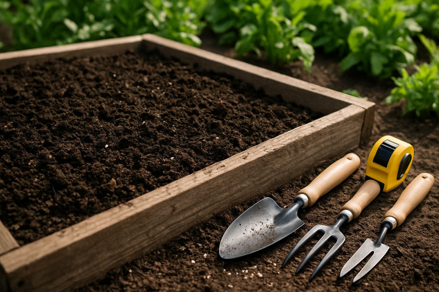 Close-up of a raised garden bed filled with rich soil, gardening tools nearby, and healthy green plants growing in the background.