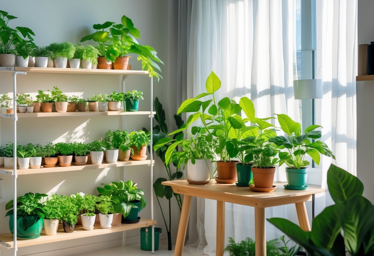 Indoor growing setup with various green plants arranged on shelves and a small table near a window in a compact room.
