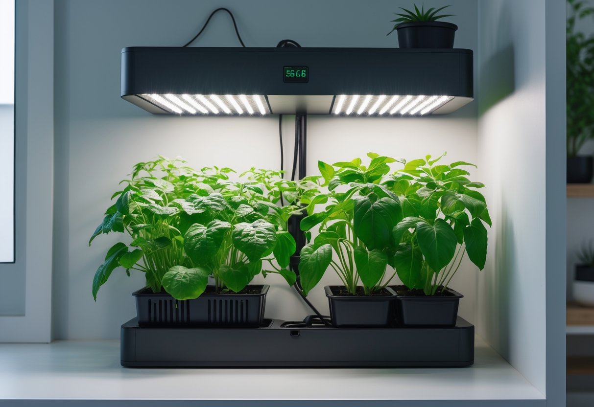 A small indoor growing setup with green plants under LED grow lights in a compact room corner.