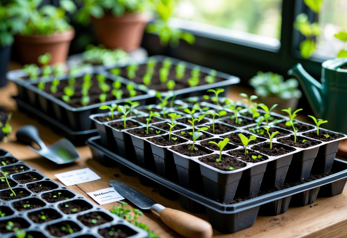 Close-up of seed starting trays with soil and young seedlings on a wooden table, surrounded by gardening tools.