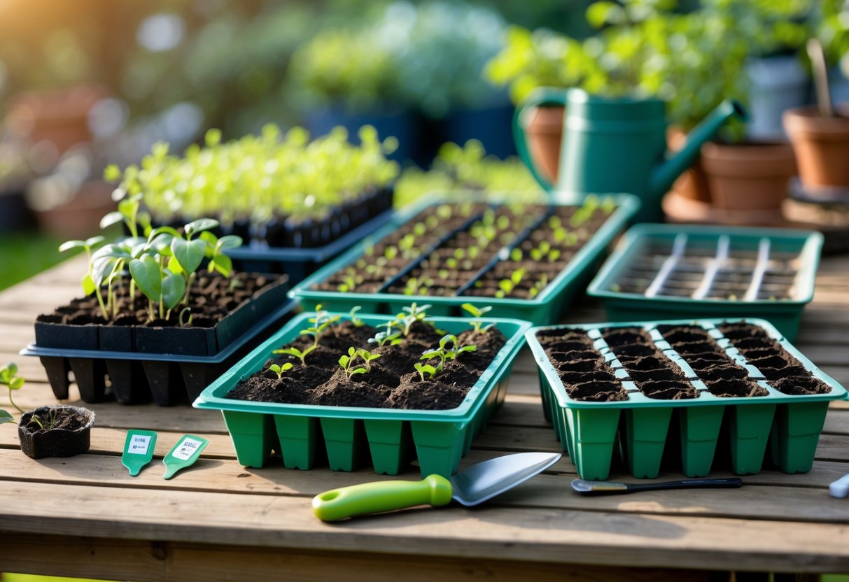 Various seed starting trays with soil and small seedlings arranged on a wooden table with gardening tools nearby.