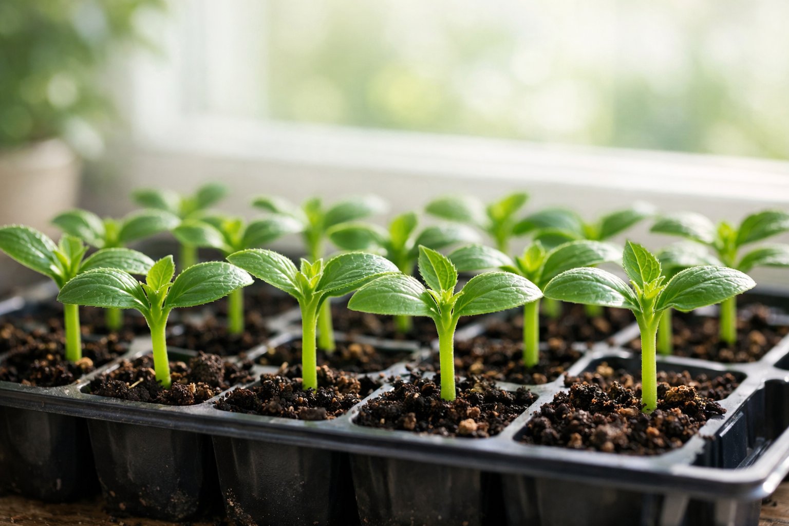 Close-up of healthy, sturdy green seedlings growing evenly in small pots with natural light in the background.
