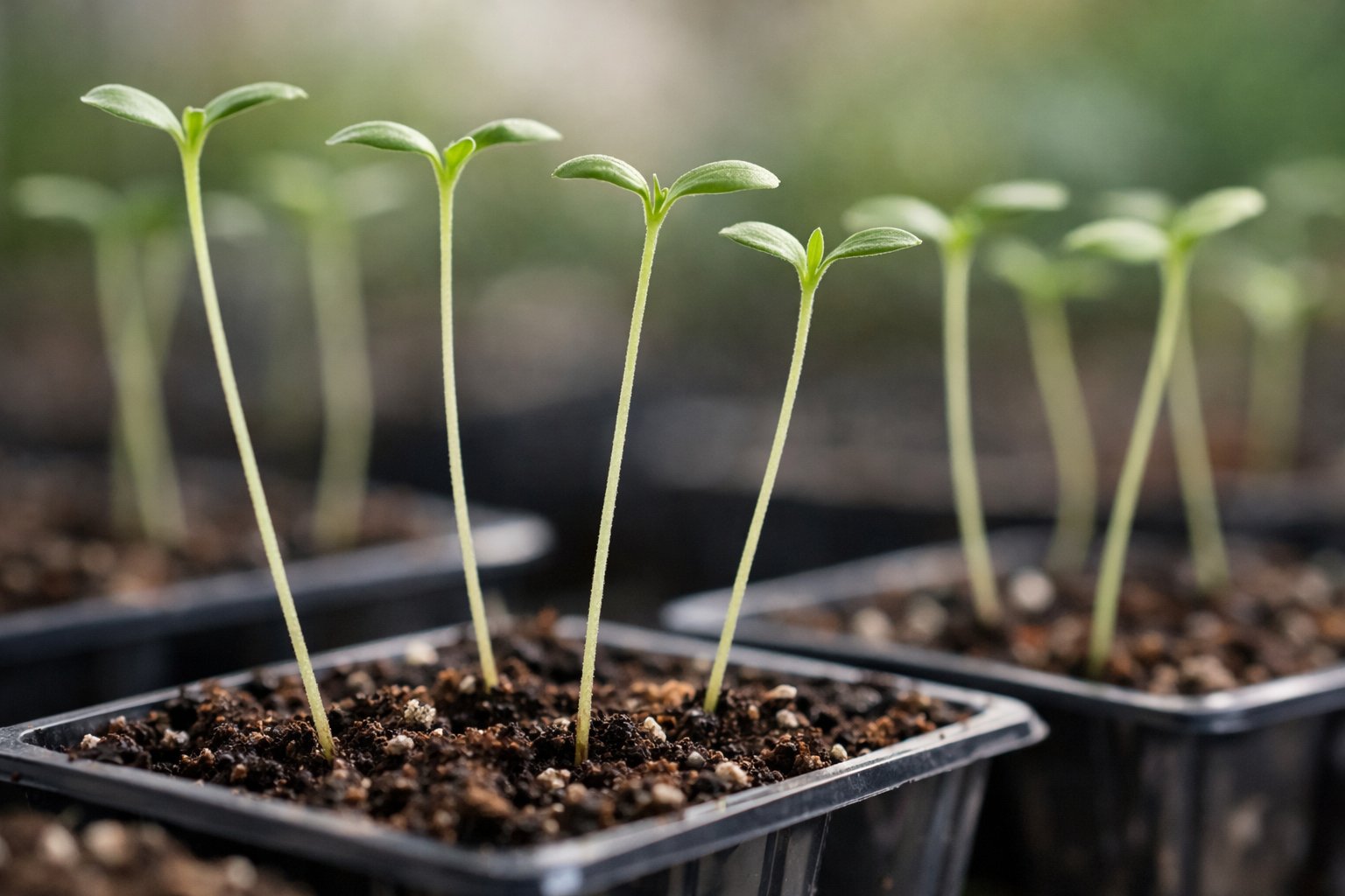 Close-up of young slender seedlings with thin stems growing in small pots on soil.