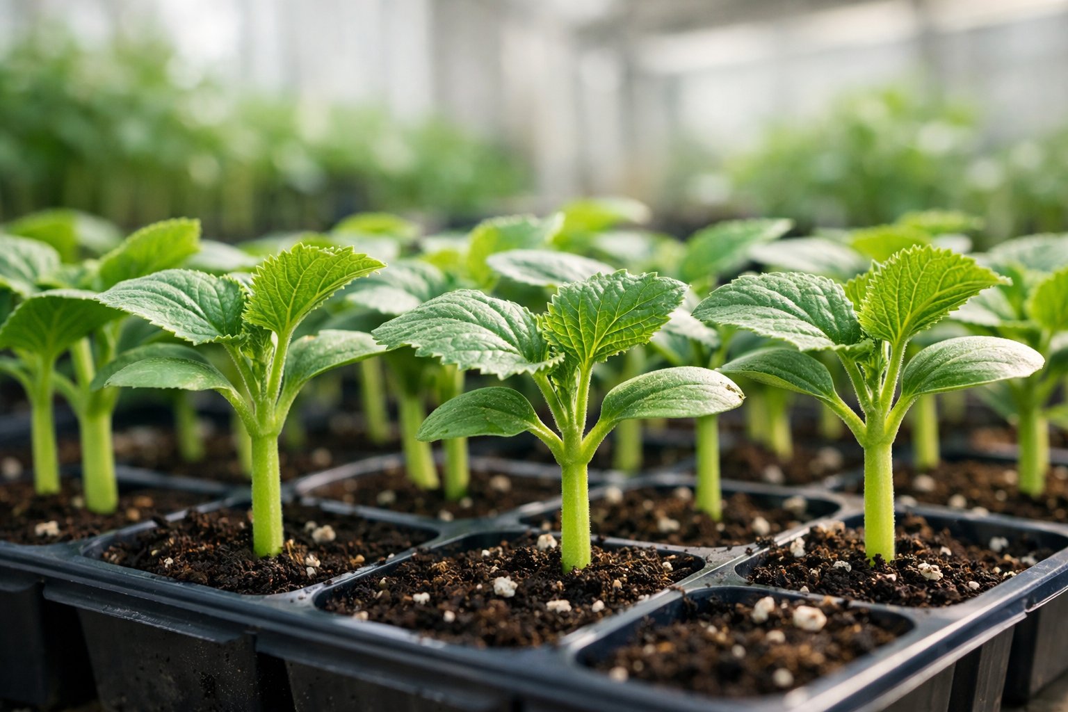 Close-up of healthy seedlings with thick stems and green leaves growing in small pots under natural light.