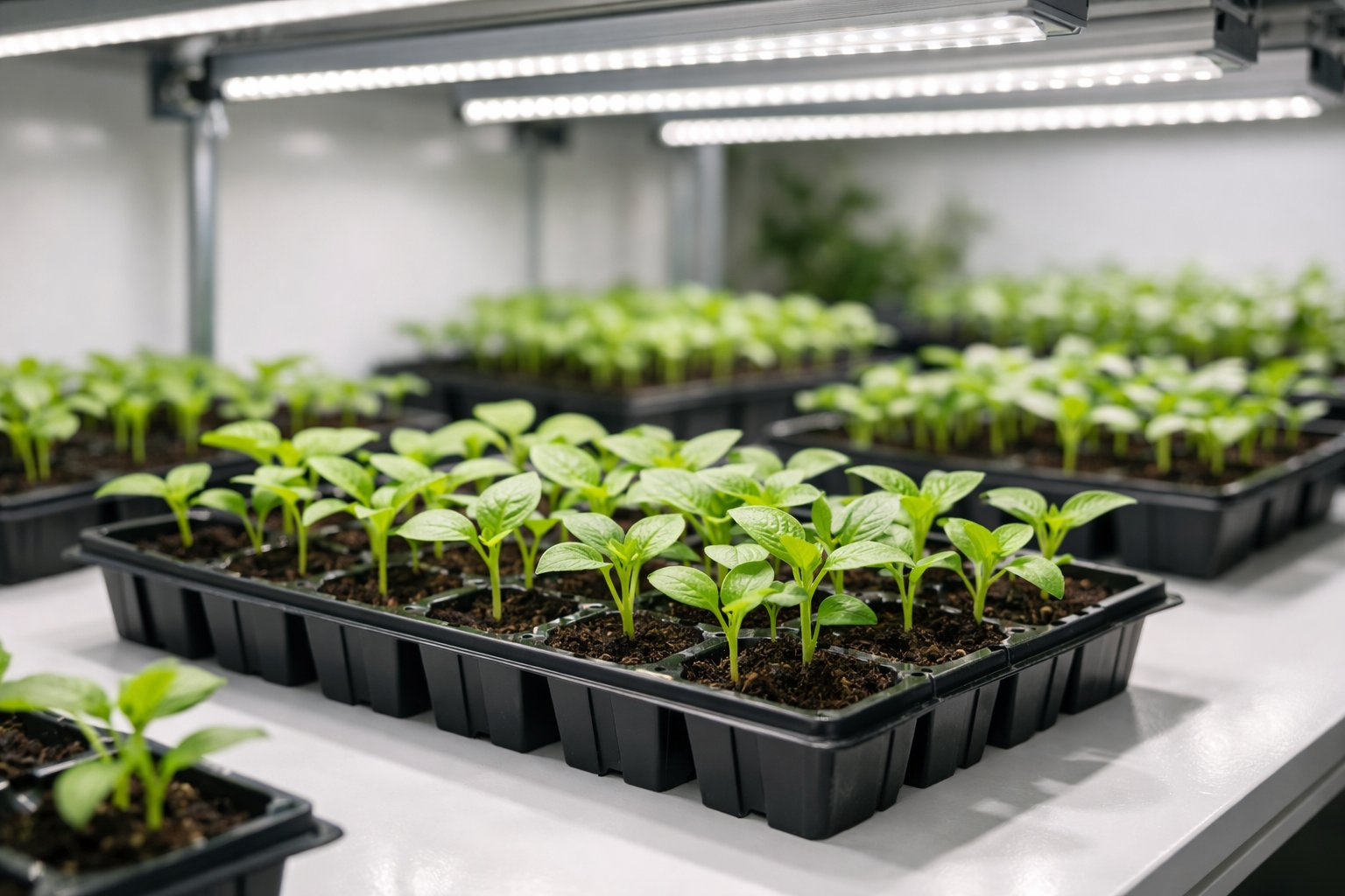 Close-up of healthy green seedlings growing under bright LED grow lights in an indoor garden setup.