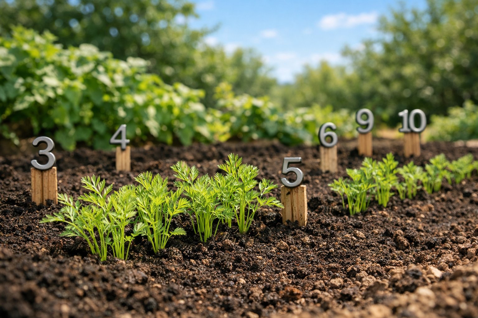 A garden bed with young carrot seedlings growing in rich soil, surrounded by green plants under a clear blue sky.