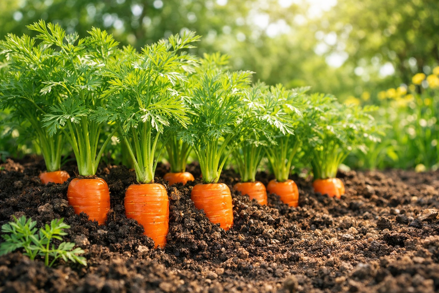 A garden bed with healthy orange carrots growing in dark soil under green leafy tops, surrounded by natural outdoor plants and soft sunlight.