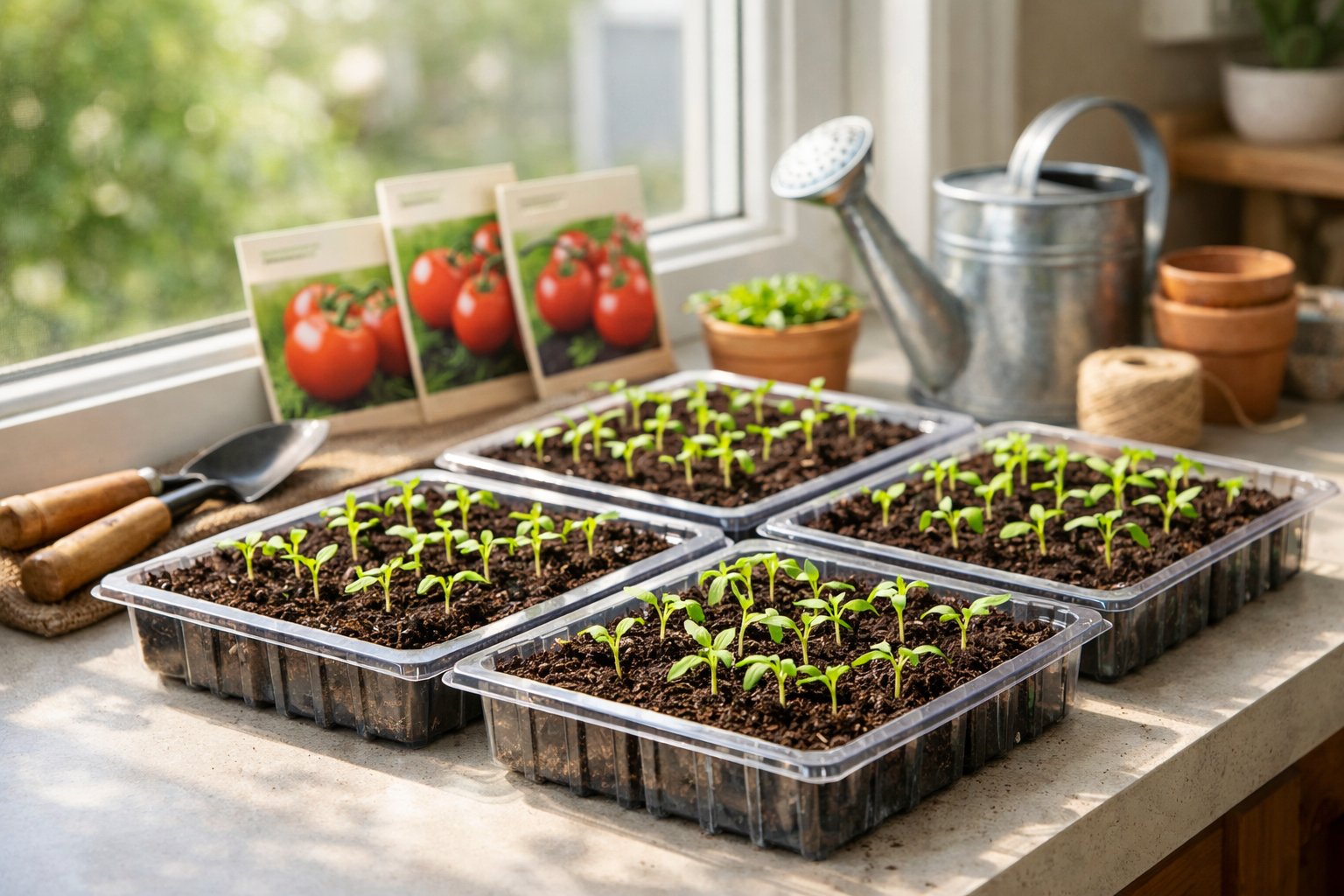 Seedling trays with young tomato plants growing on a sunlit indoor windowsill surrounded by gardening tools.
