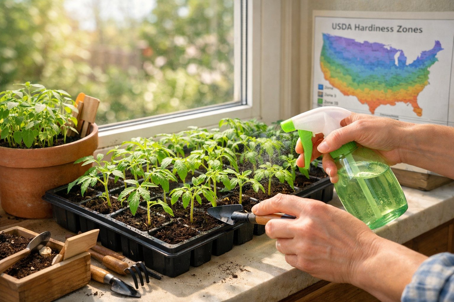 A person tending to young tomato seedlings on a sunny windowsill with gardening tools and natural light.