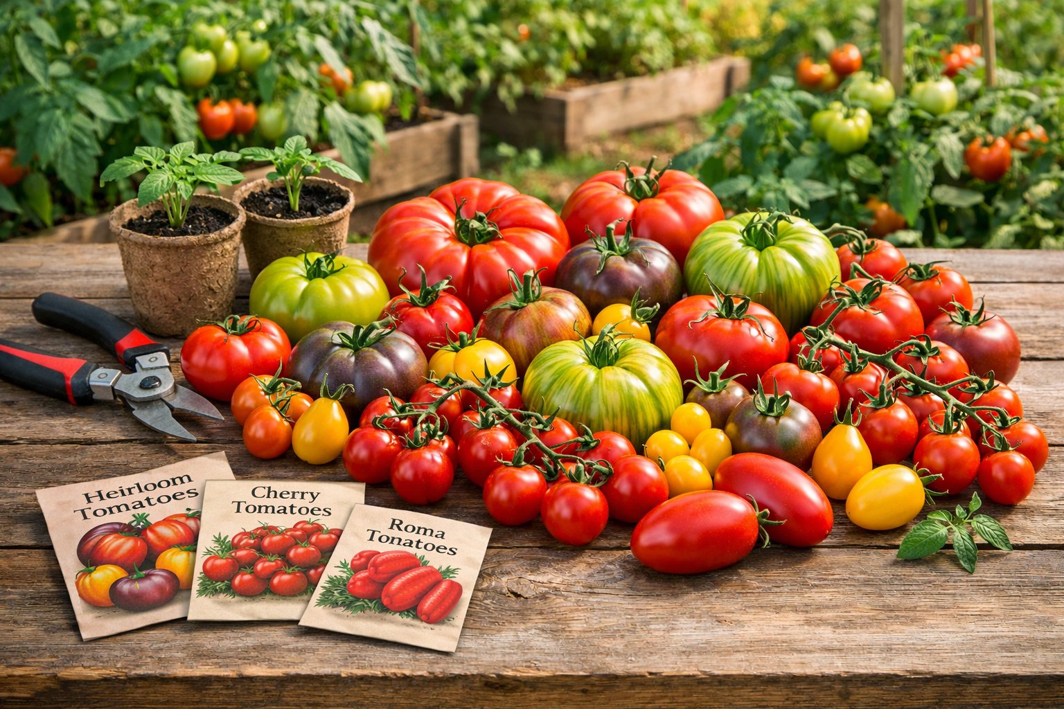 A variety of ripe tomatoes on a wooden table with gardening tools and tomato plants growing in the background.