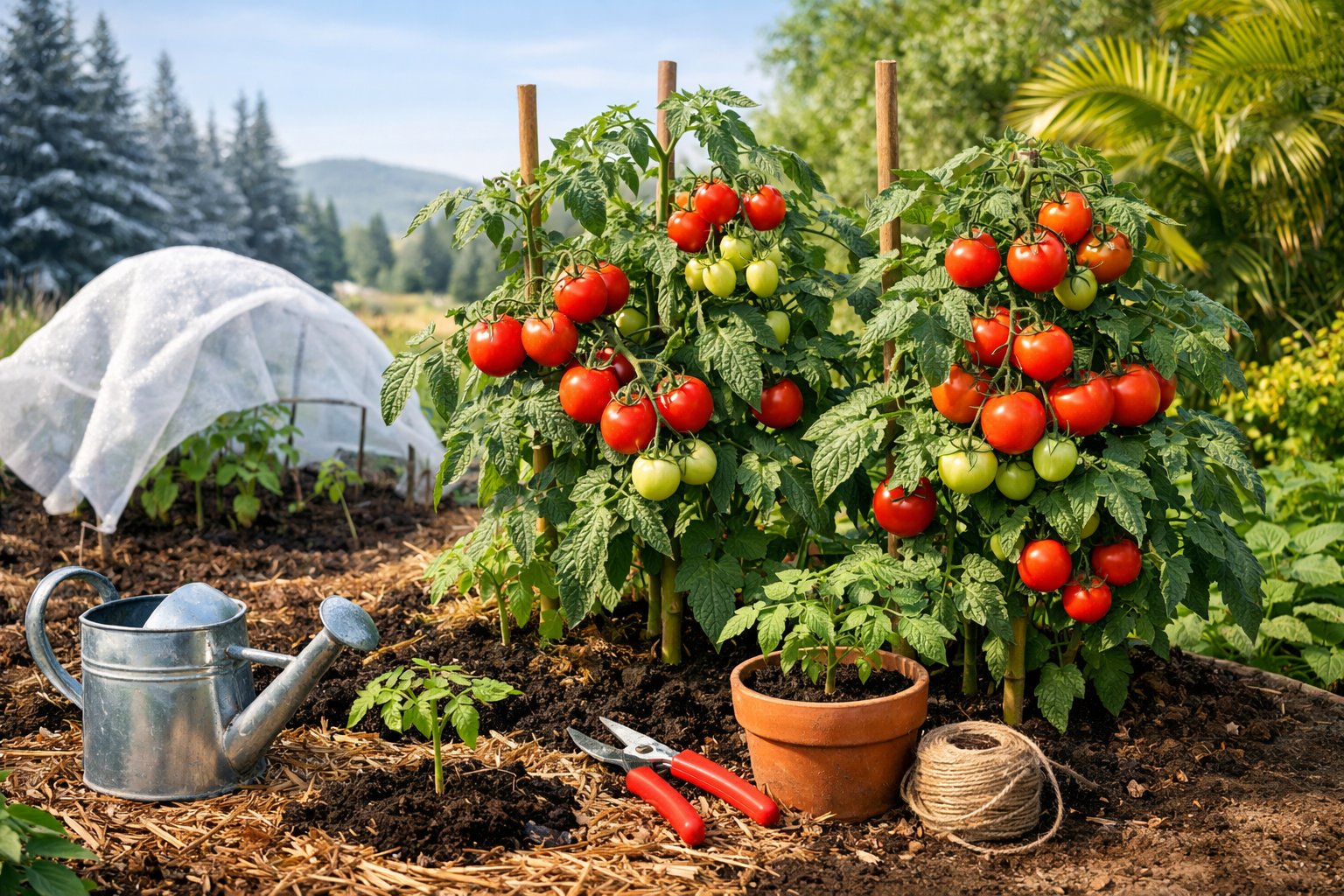 Tomato plants growing at different stages with ripe tomatoes in various garden settings representing different climate zones.