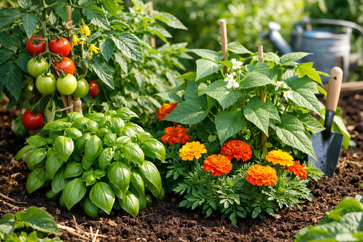 A close-up view of a garden bed with different plants growing together, including tomatoes, basil, marigolds, and beans, under natural sunlight.