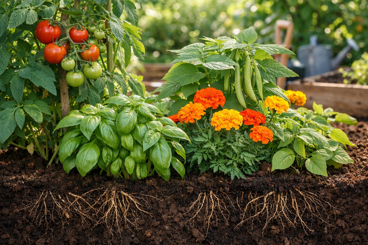 A vibrant garden showing different plants like tomatoes, basil, marigolds, and beans growing closely together with healthy leaves and flowers in rich soil.
