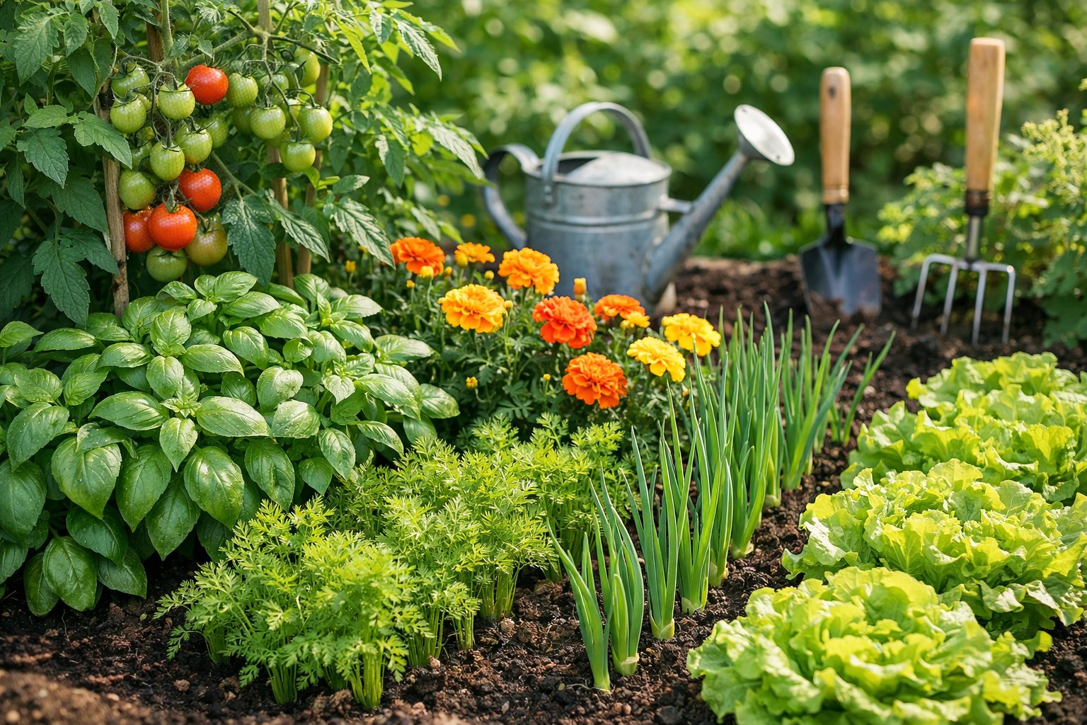 A garden bed with tomato plants, basil, marigolds, carrots, onions, and lettuce growing together in natural sunlight.