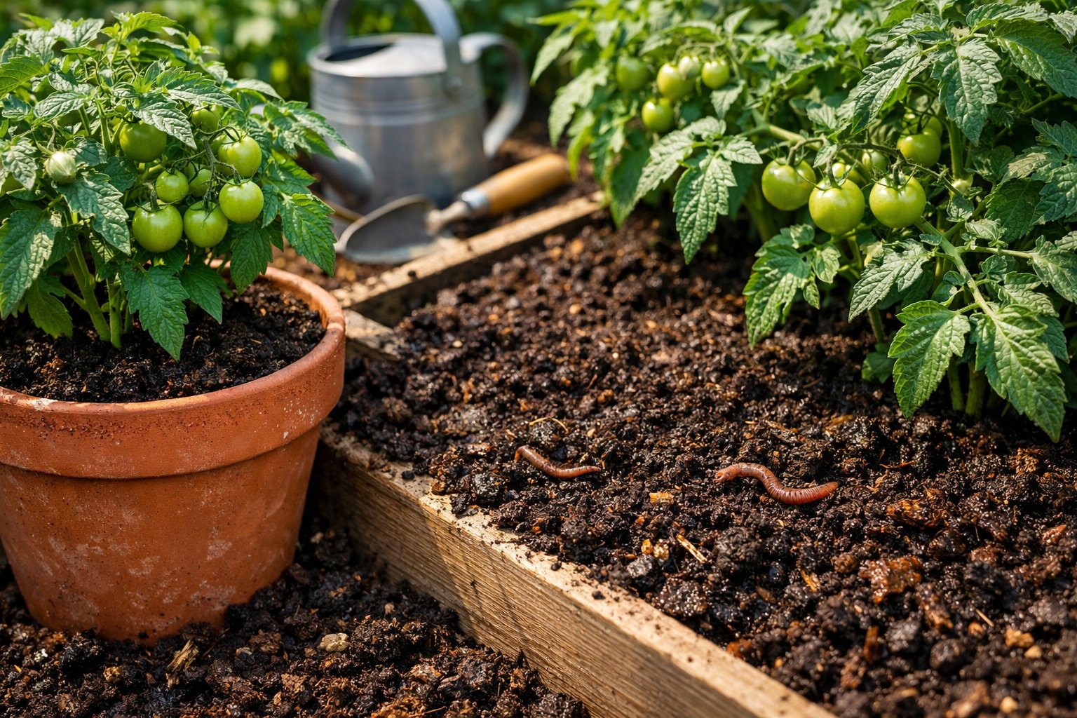 A garden scene showing healthy tomato plants growing in a pot and raised bed with rich, dark soil and gardening tools nearby.