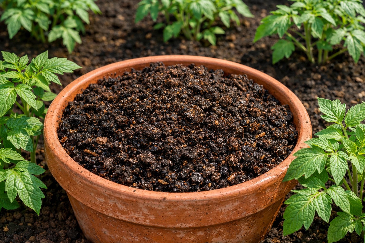 Close-up of rich soil in a pot with tomato seedlings and a garden bed with growing tomato plants in the background.